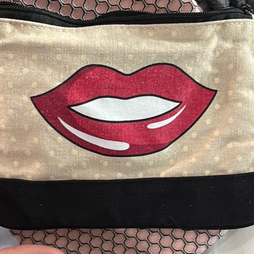 Cream and Black Lip Print Clutch